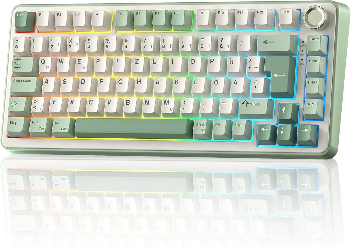 SnelShoppen - Mechanisch Gaming-Toetsenbord 75% QWERTZ DE-ISO met RGB, Draaiknop, BT5.0/2,4GHz/USB-C, Compact Design, Voor Win/Mac/PC - Matcha Green,