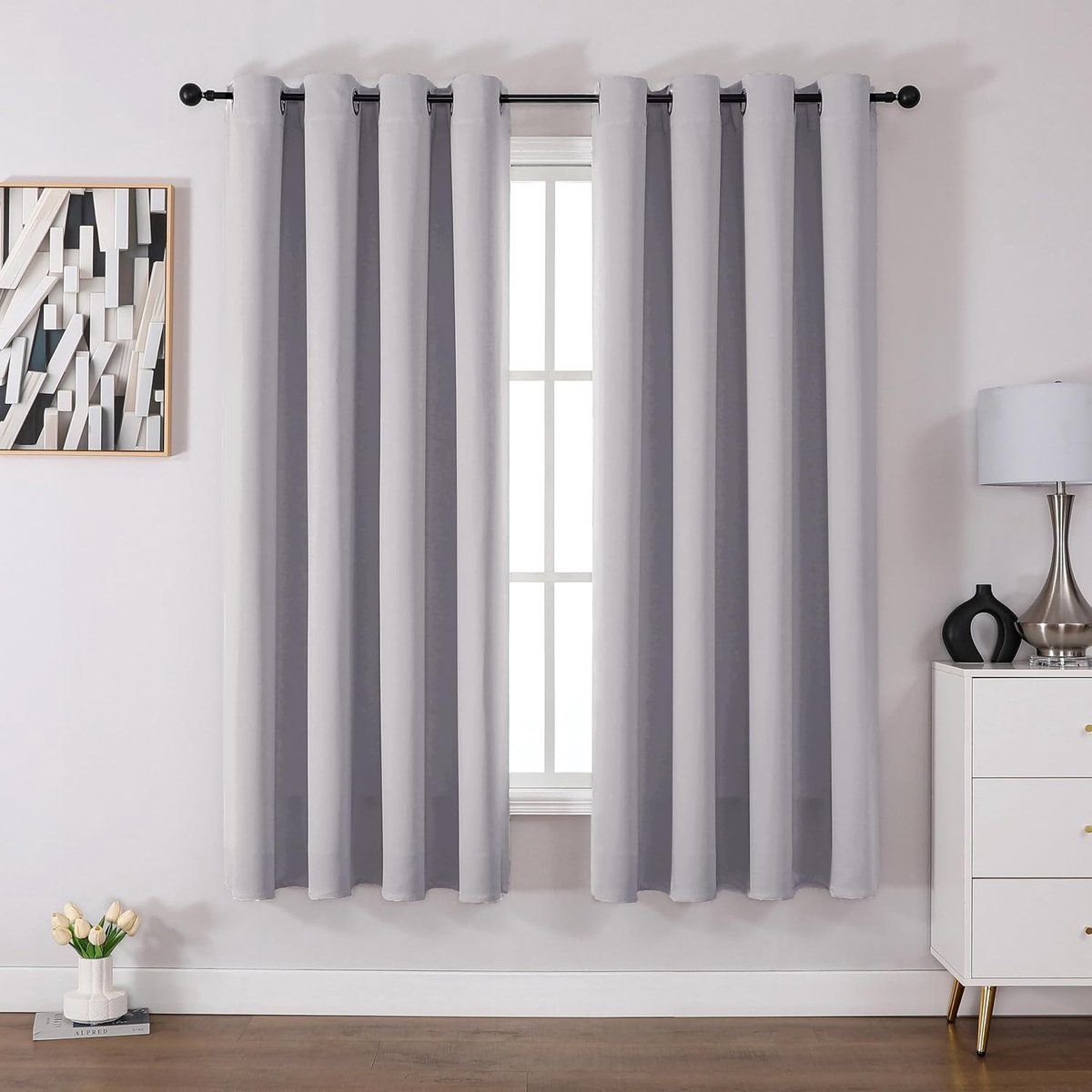 SnelShoppen - Blackout Gordijn voor Slaapkamer en Kinderkamer, Thermisch Isolerend, Opaque Ooglet Gordijn, 175 x 140 cm, Grijs Wit - Licht- en Geluids