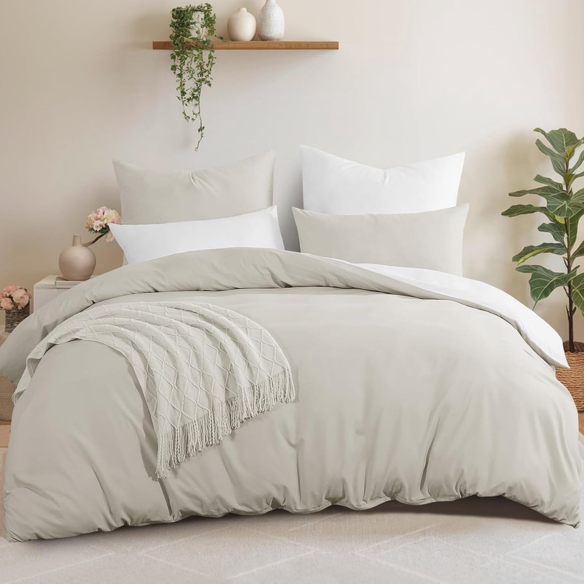 SnelShoppen - Reversible Dekbedovertrek 220 x 240 cm met 2 Kussenslopen 65 x 65 cm, Beige/Wit, Microfiber, Oeko TEX, Geschikt voor Volwassenen, Dubbel