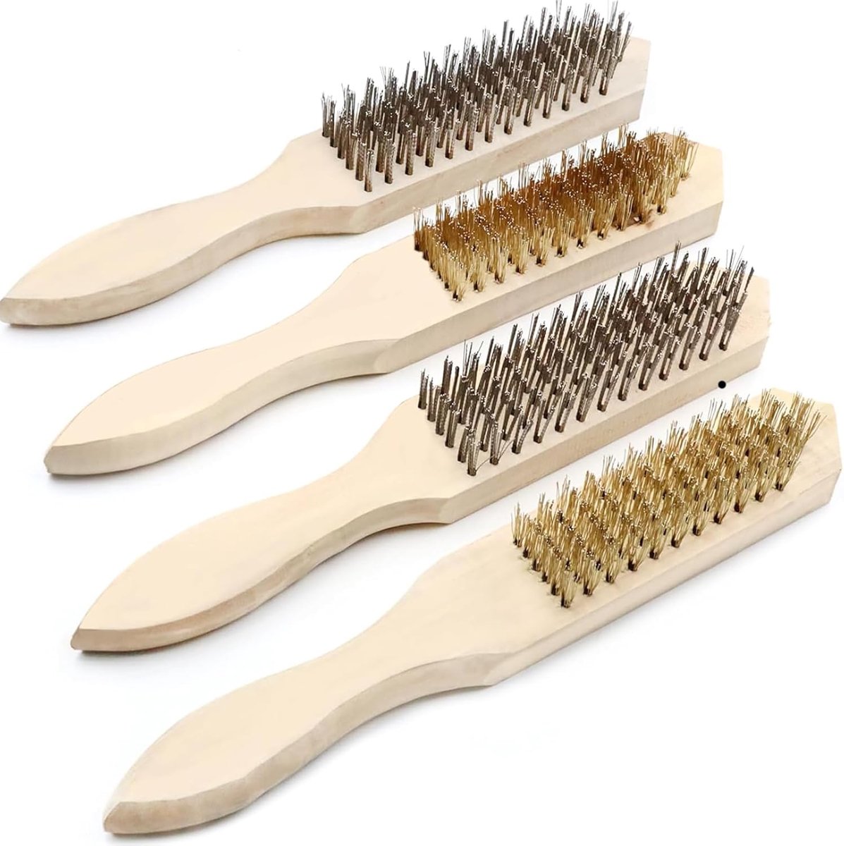 SnelShoppen - Set van 4 metalen borstels, messing borstel met houten handvat, voor schoonmaken van roest, barbecue, vuil en meer