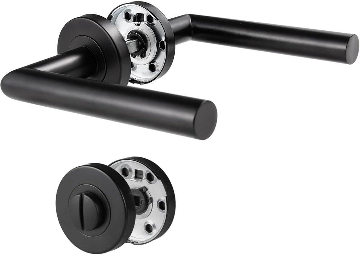 SnelShoppen - WC Deur Lockset, Deurhandvat, RVS, Modern, L Vorm, Zwart, Elegant & Eenvoudig Ontwerp, 1 Stuk, Voor Badkamer en Toilet