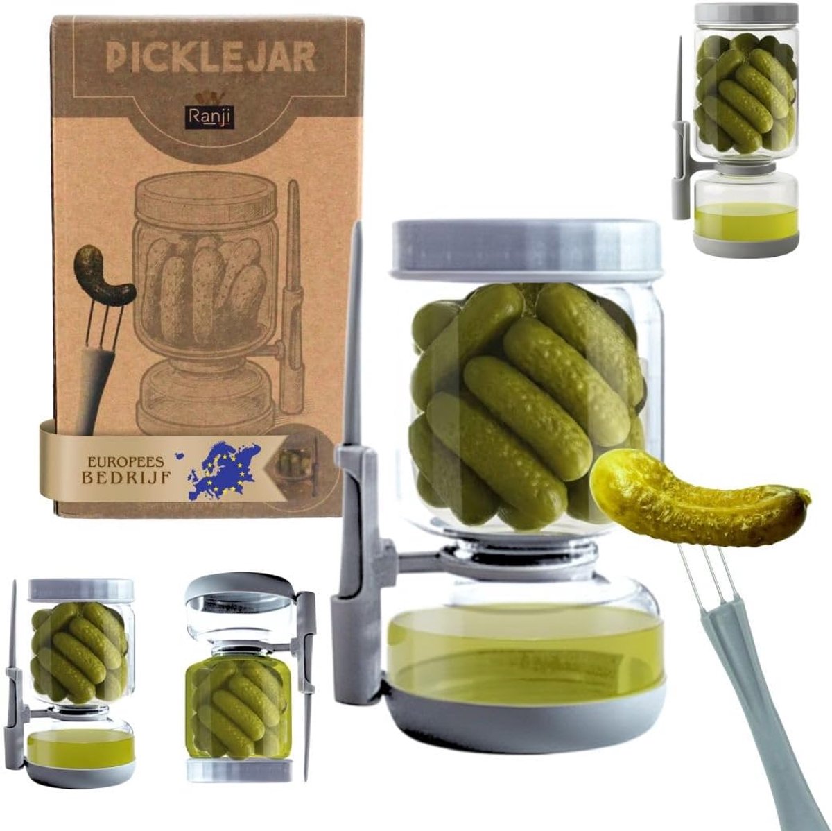 SnelShoppen - Reversible Glass Pickle Jar 900ml - Flip Jar met Strainer, Lekvrij Deksel en Mini Fork - BPA Vrij, Vaatwasserbestendig - Ideaal Keuken G