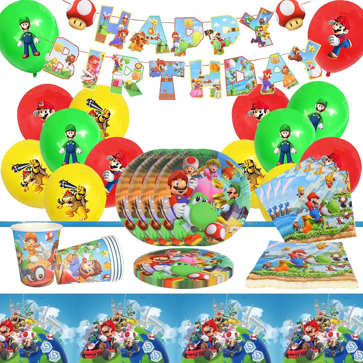 SnelShoppen - 67-delige Verjaardag Party Tableware Set - Borden, Bekers, Tafelkleden, Ballonnen, Banner - Veilig en Onbreekbaar - 10 Pers.