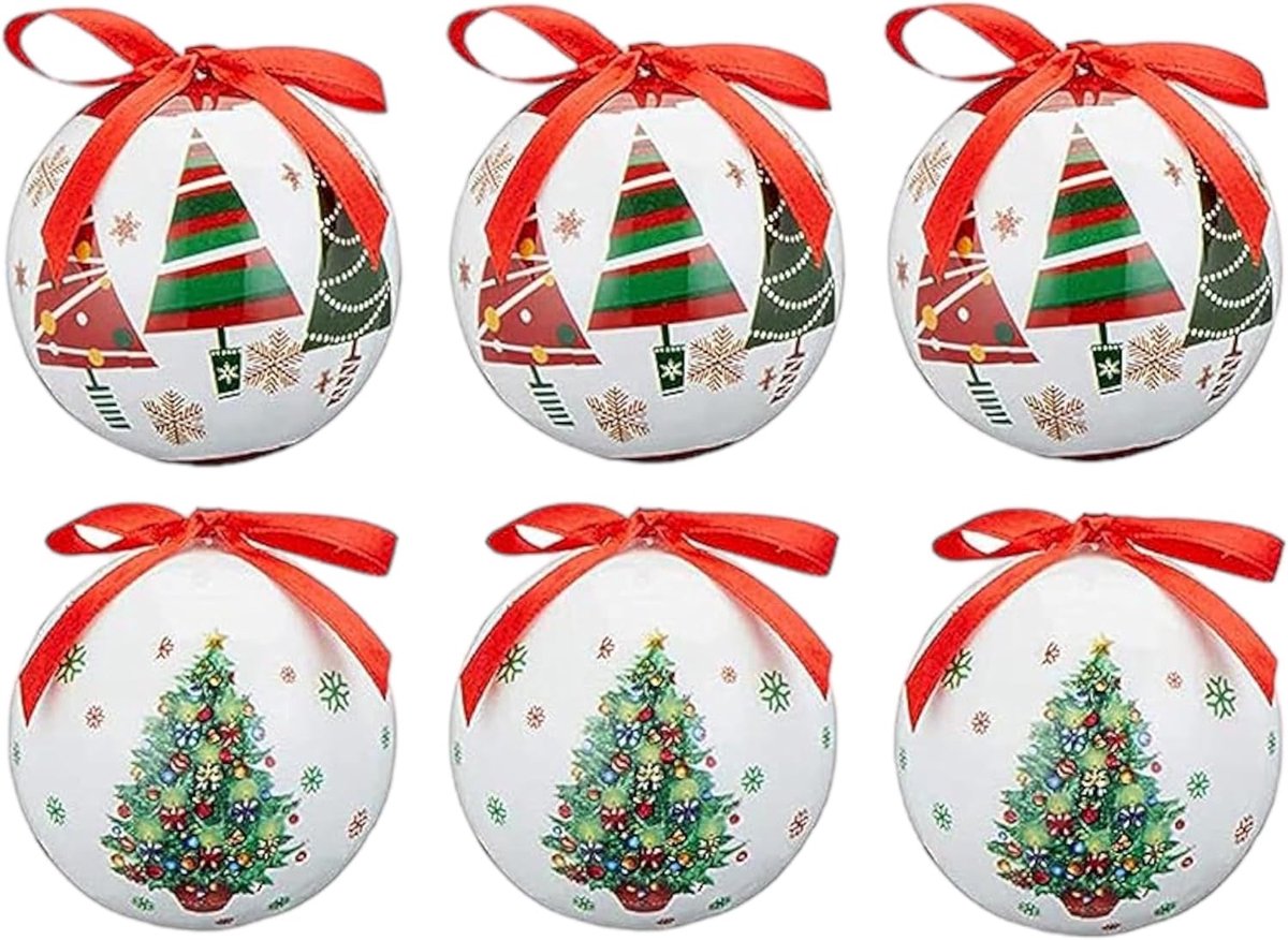 SnelShoppen - Set van 6 Kerstballen 6 cm - Nostalgische Decoratie met Elegante Rode Linten - Schokbestendig Plastic met Polystyreen Kern - Perfect voo
