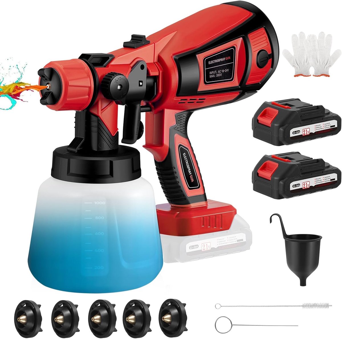 SnelShoppen - Draadloos Verf Spuit Systeem met 21V Accu's, 4 Spuitmonden en 3 Spuitcartridges, 1000 ml Verfbak voor Muurverf, Tuin, DIY Projecten en R