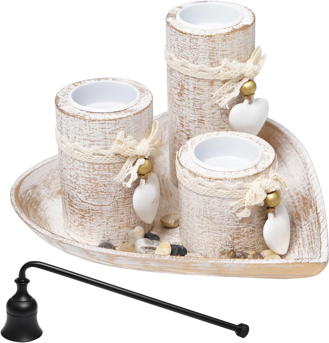 SnelShoppen - Kaarsenhouderset 3-delig met Houten Dienblad, Hartvormige Theelichthouder met Doofklokje, Vintage Kandelaar Decoratie voor Tafel, Woonka