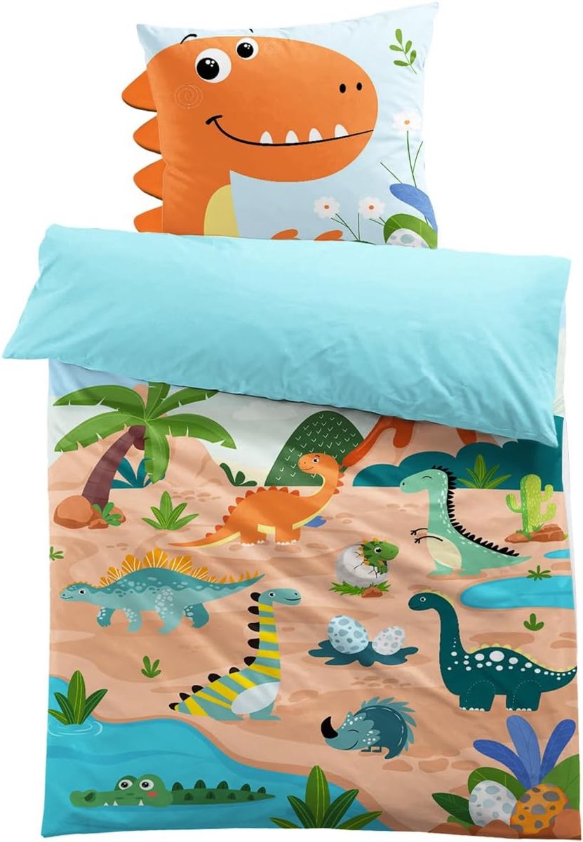 SnelShoppen - Dinosaur Dekbedovertrek 140 x 200 cm voor Kinderen - Microfiber Katoen Bedlinnen met 3D Print - Inclusief Kussenhoes 65 x 65 cm - Perfec