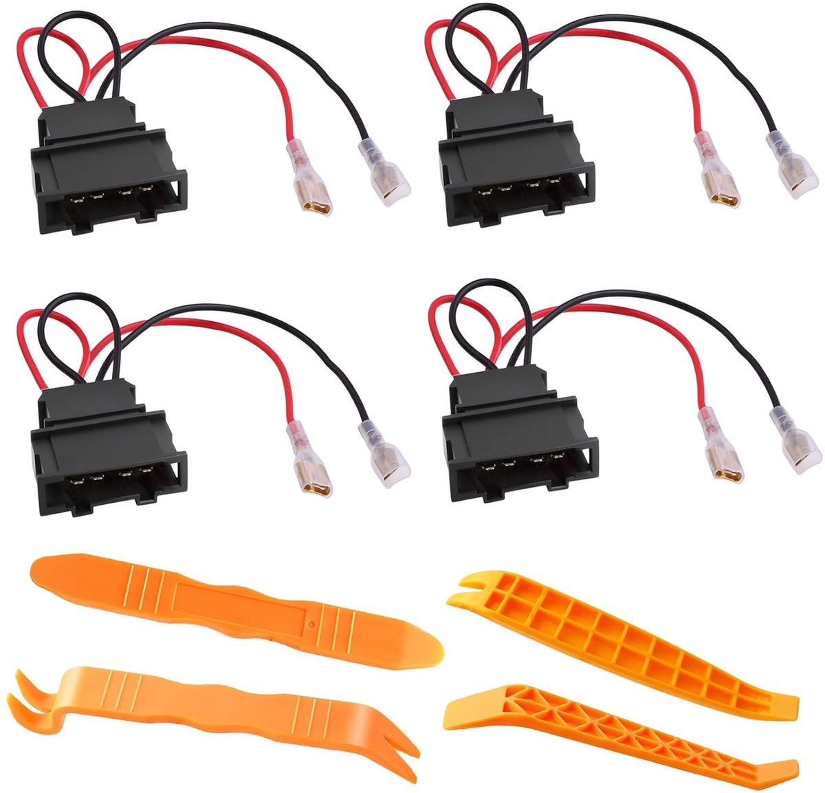 SnelShoppen - 4 Car Speaker Adapters 4-Pins + 4 Montage Tools | Plug & Play Bedrading voor VW Golf, Passat, Polo, T5, Seat, Skoda | Universele Speaker