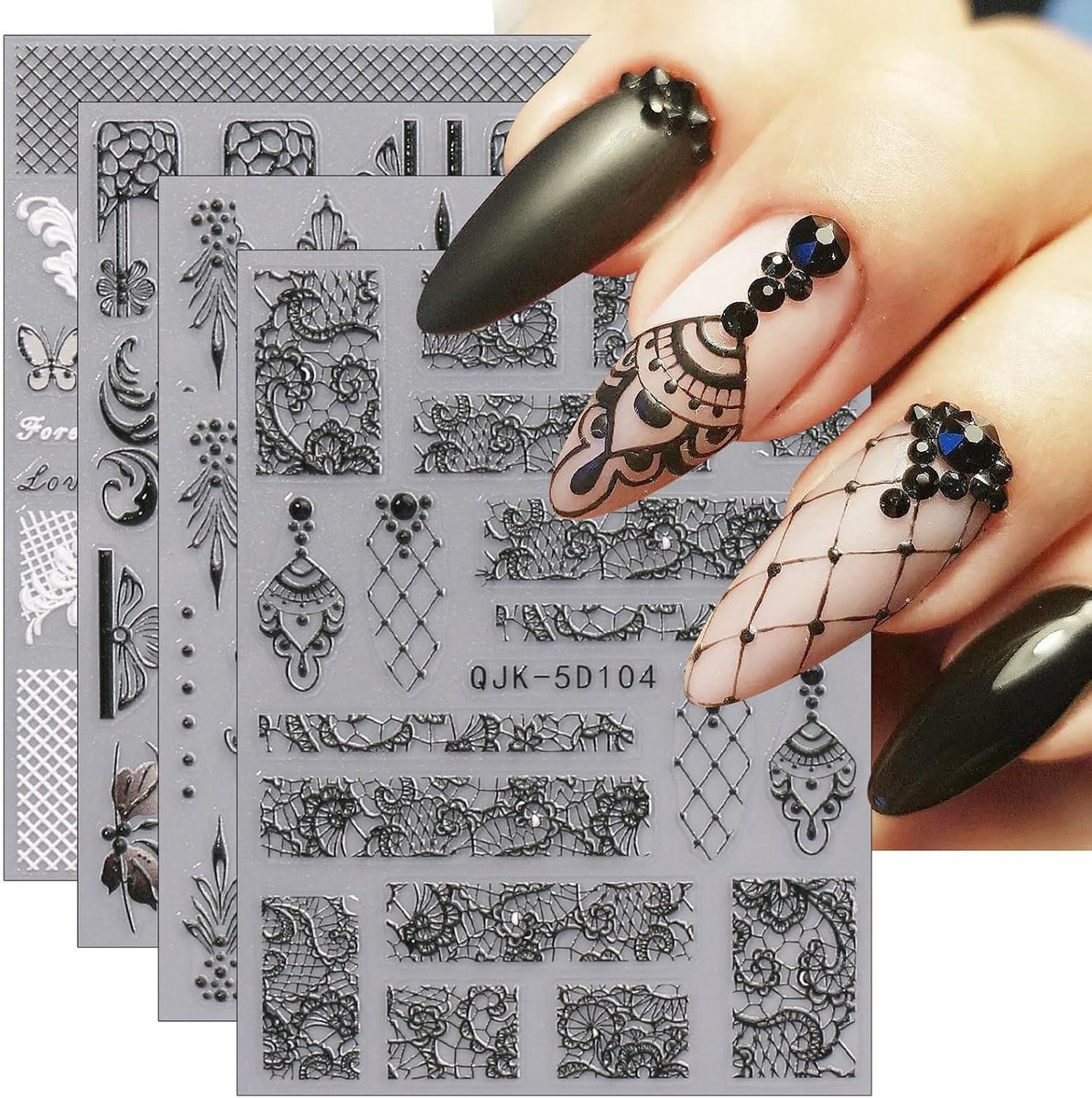 SnelShoppen - 3D Zwarte Witte Bloemen Nagel Stickers - 4 Vellen Zelfklevende Nagel Decoratie voor DIY Nail Art - Geschikt voor Kunstnagels en Natuurli
