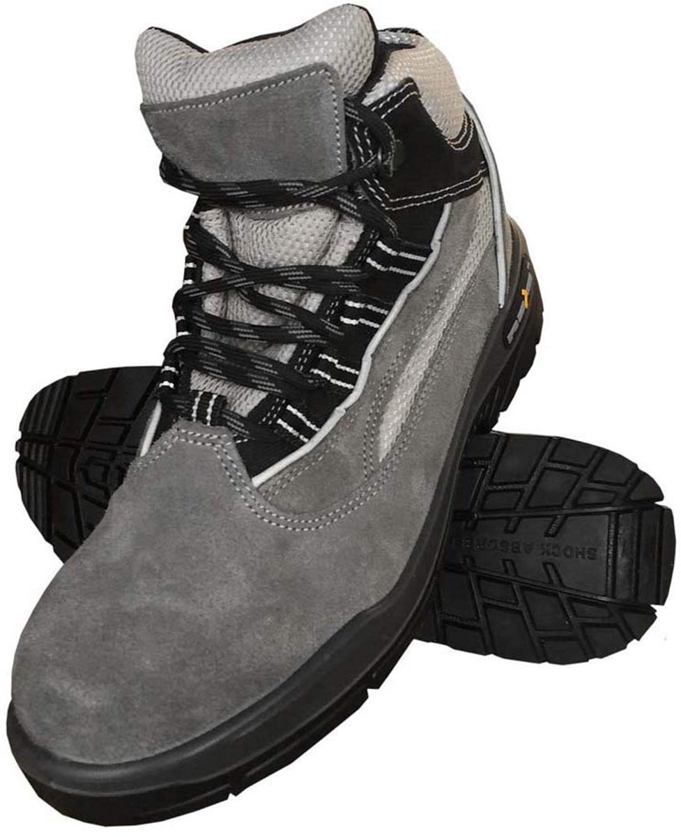 SnelShoppen - Veiligheidsschoenen Grijs-Zwart, Maat 39, Mid-Hoge Boots, Chamois Leer, Dubbele Polyurethaan Zool, Impactbestendig tot 200 J, Bending to