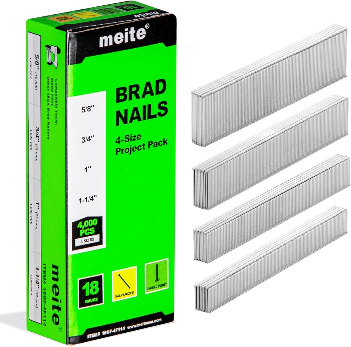SnelShoppen - 18 Gauge Brad Nails - 4000 Stuks - Assorted 16mm, 19mm, 25mm, 32mm - Gegalvaniseerd Staal - Voor Pneumatische en Elektrische Spijkerpist
