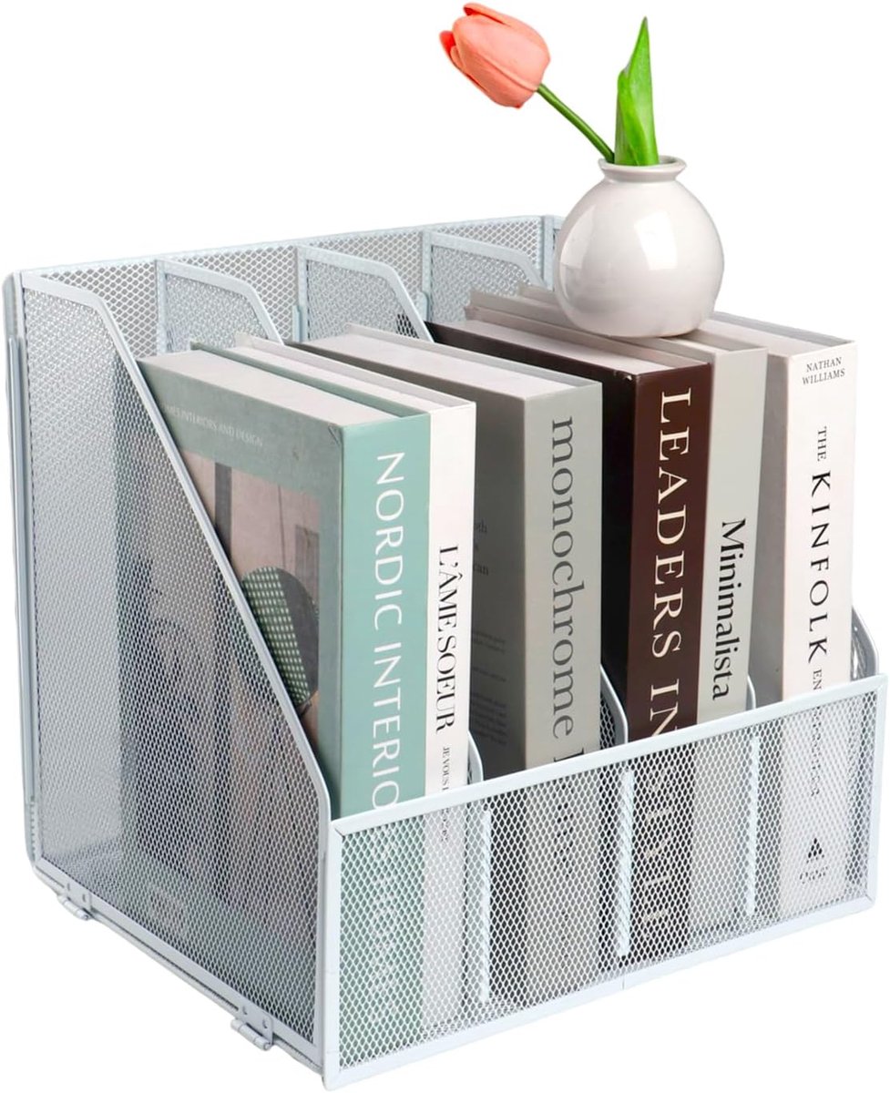 SnelShoppen - Metal Mesh A4 Magazinehouder - 4 Secties Bureau Document Organizer - Wit - Stijlvolle Opbergruimte voor Kantoor en Thuis