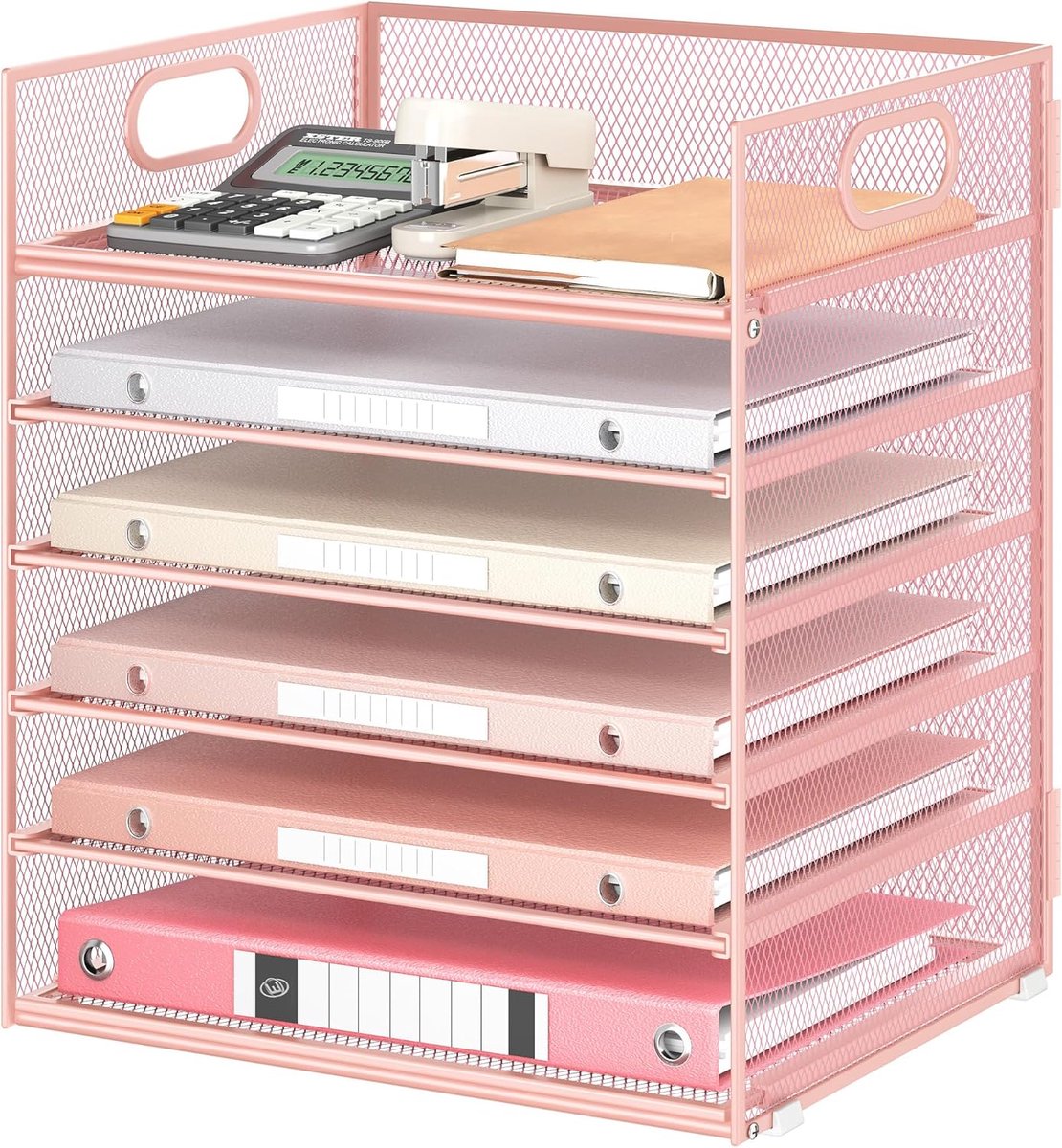 SnelShoppen - Desk Organiser 6 Laags Stapelbare Documenthouder, Met Handvat, Metalen Mesh, Roze, Voor A4 Documenten, Papieren, Boeken, Tijdschriften,