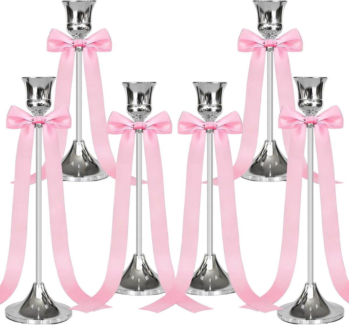 SnelShoppen - 6-delige Zilveren Kaarsenhouder Set met Roze Strik, Hoogte 22/19/16cm, Decoratieve Vintage Kaarsenhouders voor Verjaardagsfeest, Jubileu