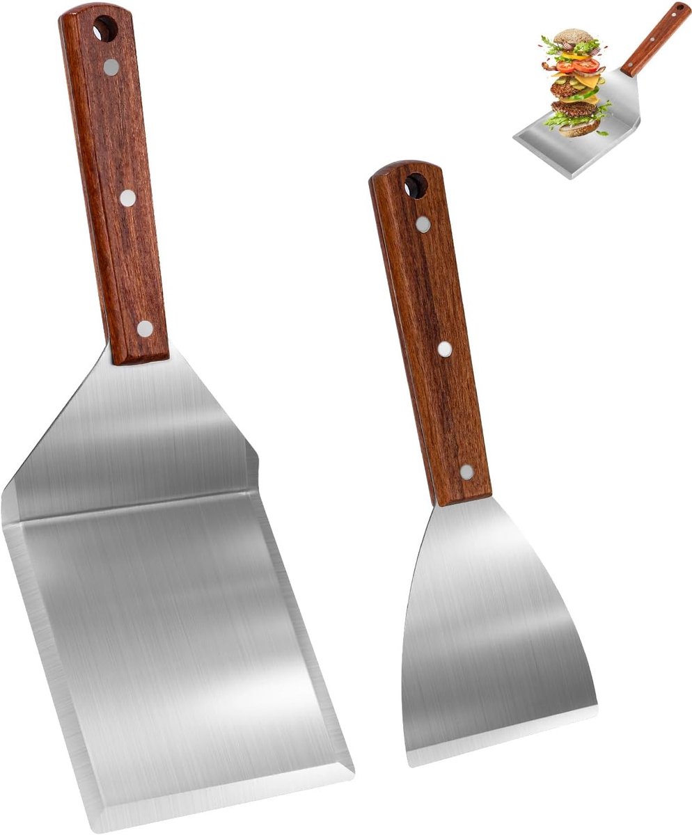 SnelShoppen - Barbecue Spatula Set RVS Grill Gereedschap - Professionele BBQ Set met Houten Handvat - Perfect voor Camping, Tuinfeesten en Teppanyaki