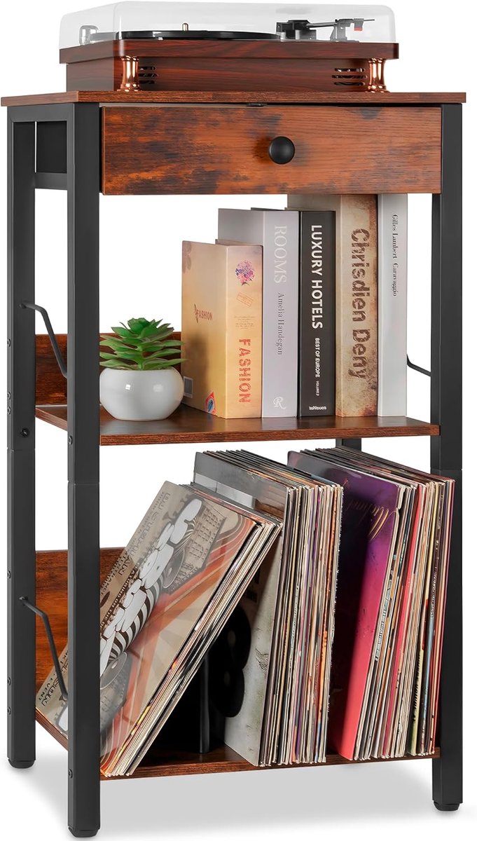 SnelShoppen - OUUTMEE Vinyl Turntable Stand, 3-laagse Turntable Tafel met Lade en Plank voor Tot 100 Albums, Turntable Rack, Side Table voor Woonkamer