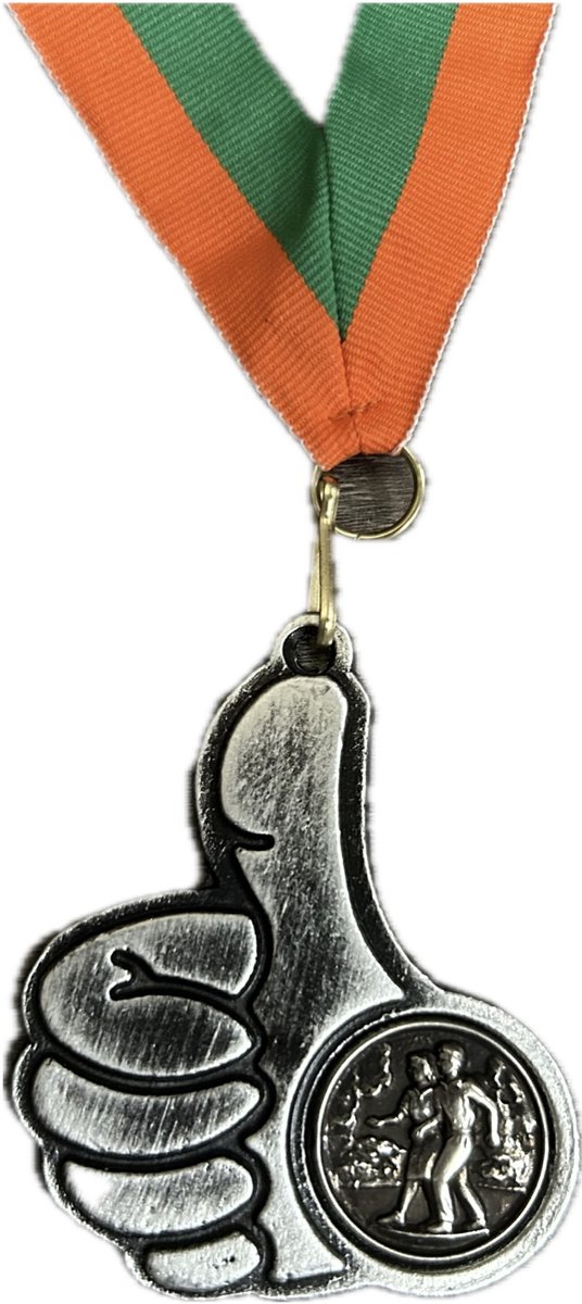 Wandelmedaille duim zilver - Nijmeegse Vierdaagse - lint groen oranje
