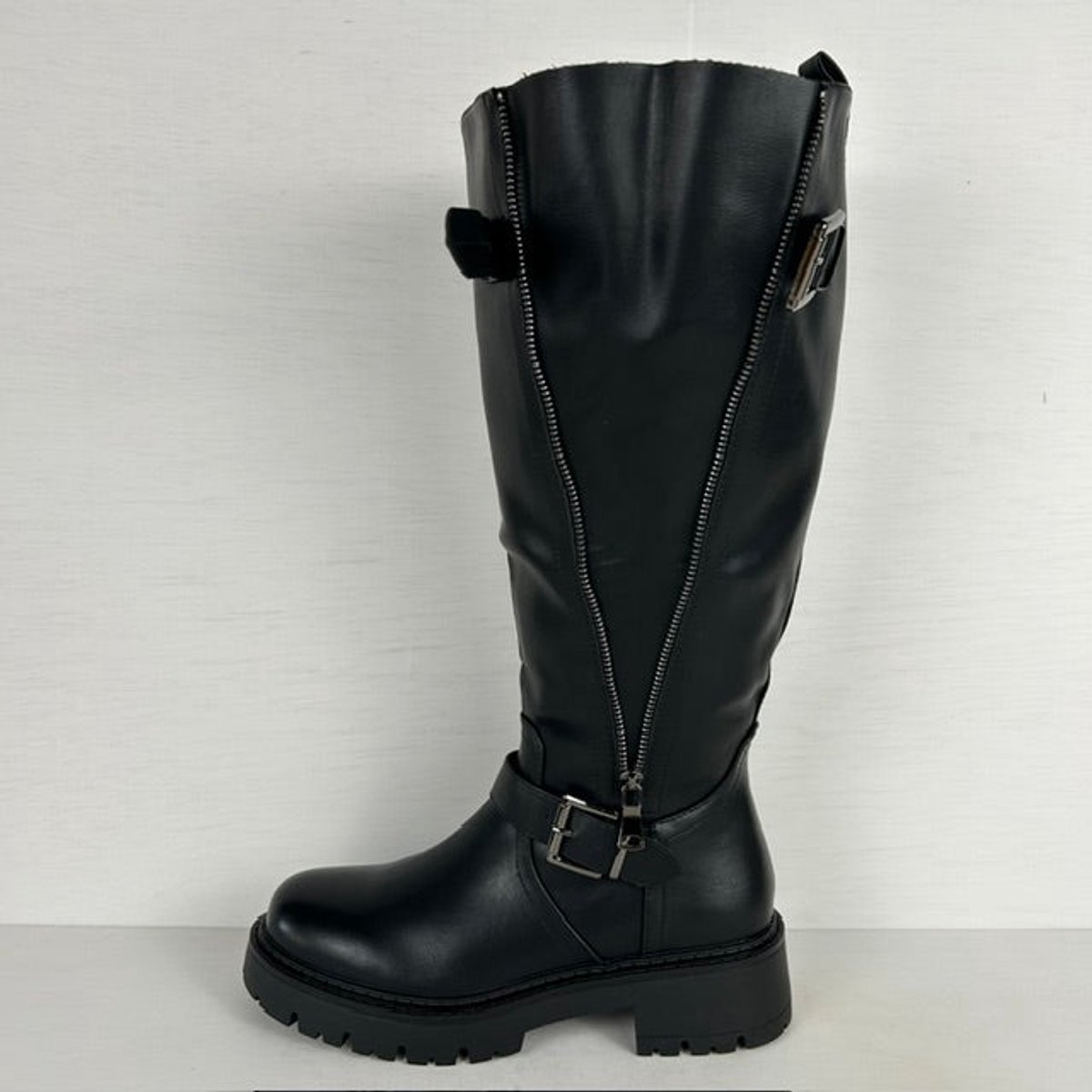 Stoere leatherlook laarzen met rits en gespjes zwart (Verstelbare schacht) Zwart / 39