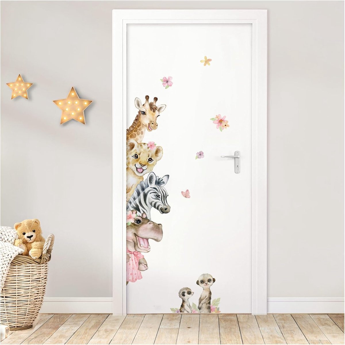 SnelShoppen - Deur Sticker met Naam - Muur Sticker Safari Dieren voor Kinderkamer en Babykamer - Zelfklevend - Handgemaakt in Duitsland - DK1124-01