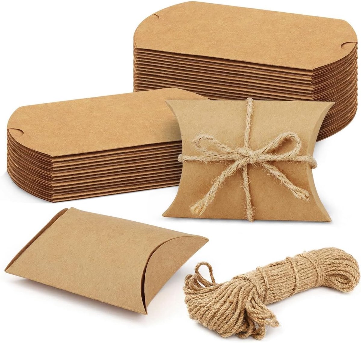 SnelShoppen - 50 Stuks Kleine Cadeau Dozen Kraft Papier Kussen Dozen, Bruine Papier Kussen Gift Dozen met Touw, Vintage Kraft Papier Cadeau Dozen voor