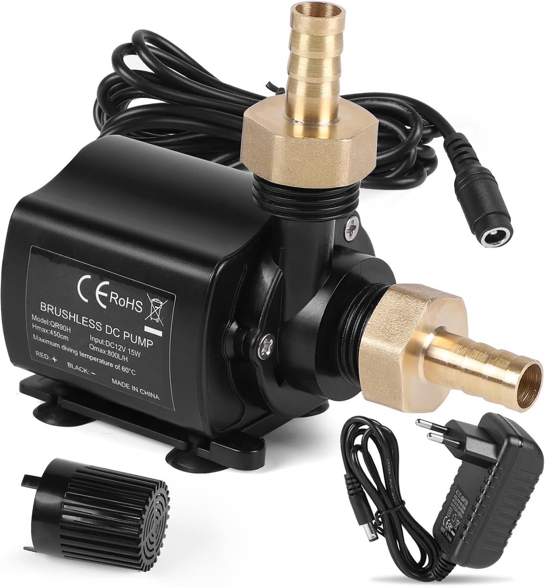 SnelShoppen - 12V Waterpomp met Snelheidsregeling, Onderwater, RVS, Compact, 800 L/h, 4.5 m Hoogte, Voor Tuin, Vijver, Aquarium, Zwart