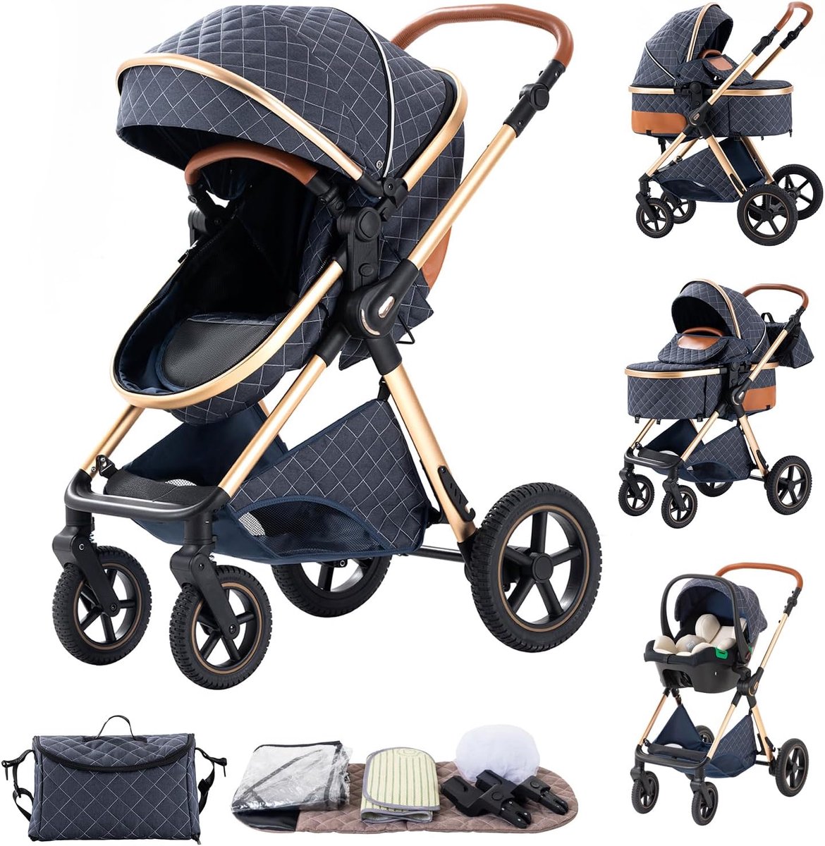 SnelShoppen - Multifunctionele Kinderwagen Trio-Combinatie 3-in-1, Opvouwbare Babyzitset voor Pasgeborenen met Voetbescherming, Muggennet, H2-BLUE