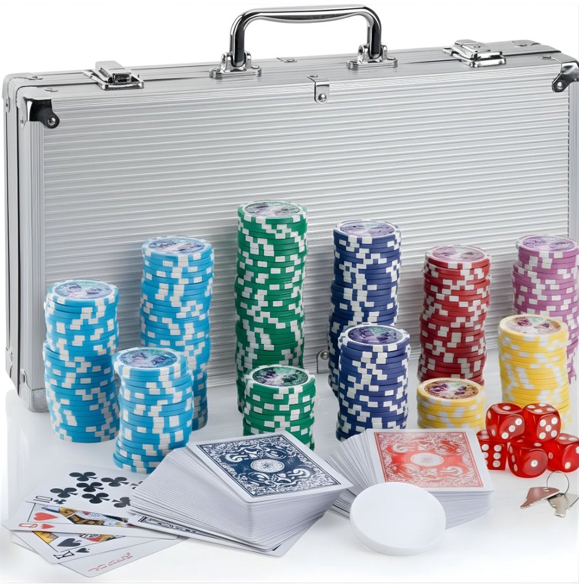 KIRA® Pokerset - Pokerset Met 300/500 Fiches - Aluminium Behuizing - Zilver - 56cm x 22cm x 5cm