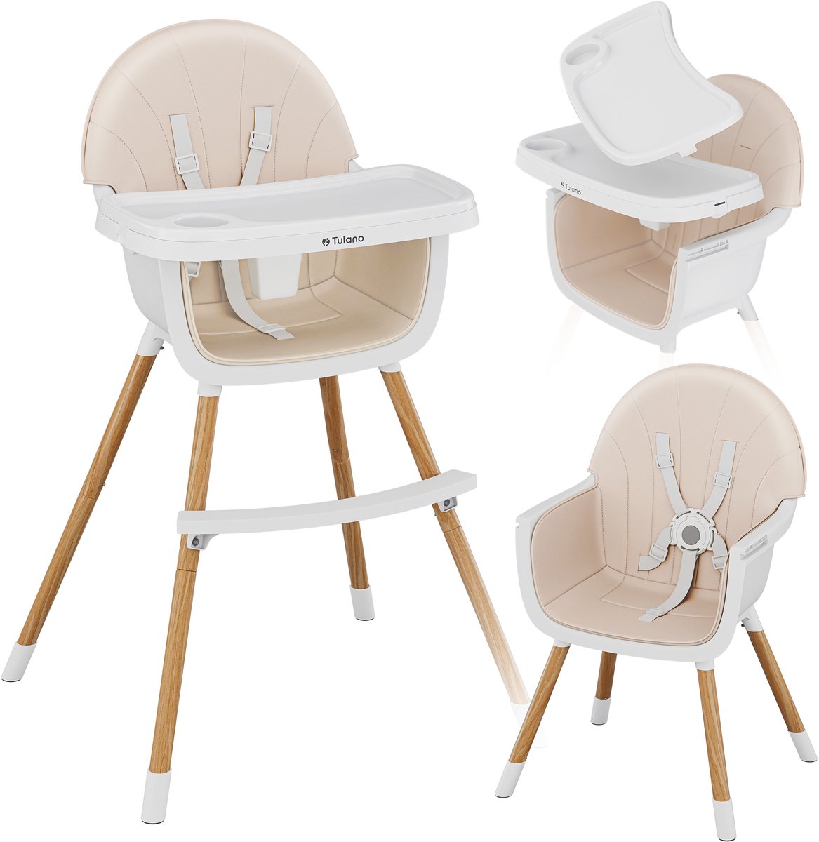 Tulano Morsel Meegroei Kinderstoel - Babystoel met Eetblad - Verstelbare Eetstoel - Beige