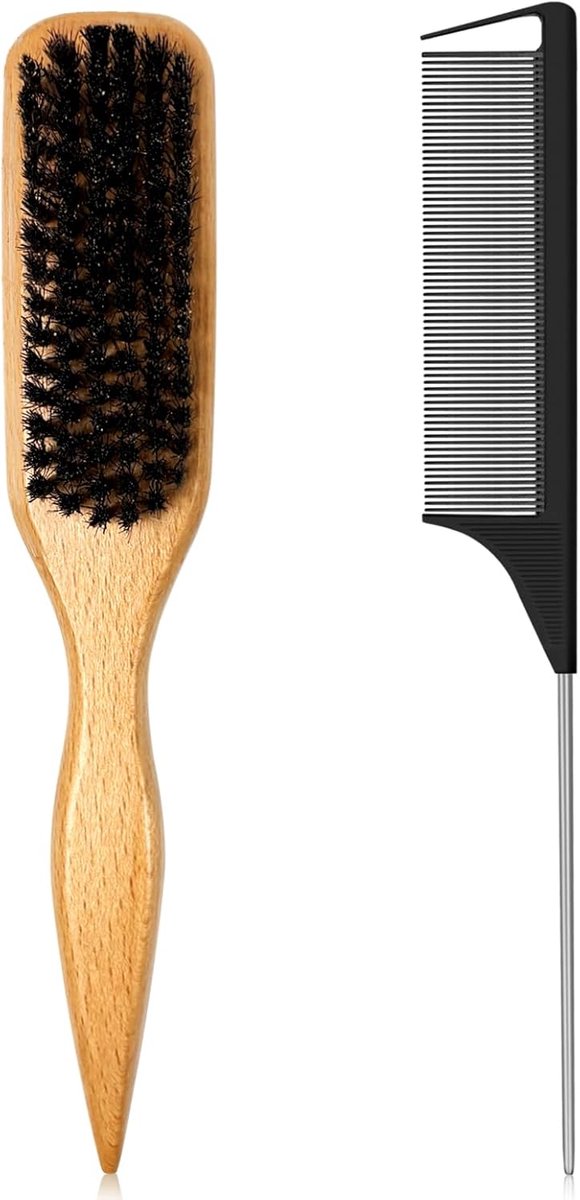 Thijox - 2 Stuks Strakke Vlechtborstel - Natuurlijke Wilde Zwijnen Haren - Beukenhouten Handvat - Voor Gladde Flyaways en Frizz - Stylingaccessoires v