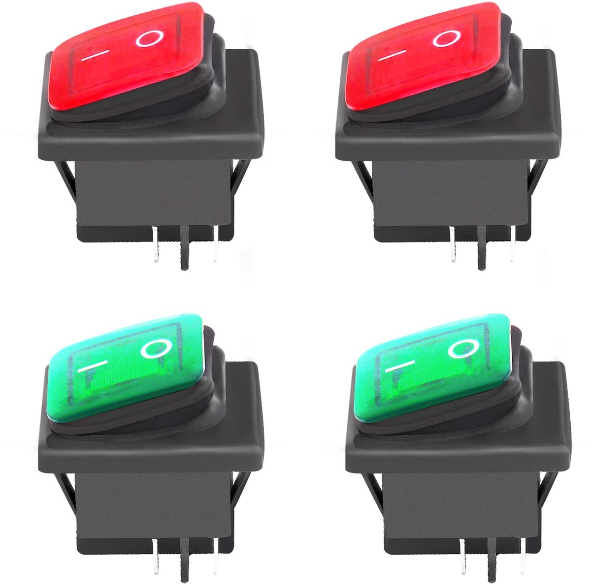 SnelShoppen - 4 Tuimelschakelaars Waterdicht 4-polig met Rood en Groen Verlicht - Aan/Uit Schakelaar voor Auto, Voertuig, Boot - 16A/250V, 20A/125V AC