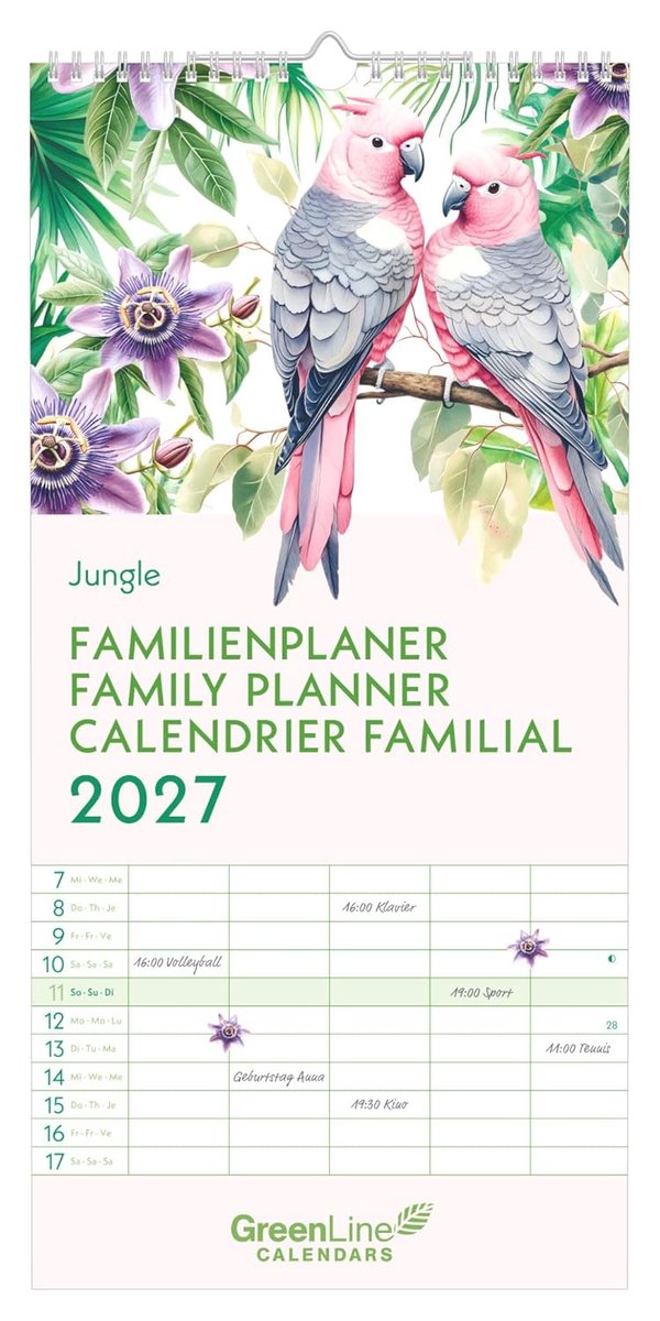 SnelShoppen - Jungle 2027 Wandkalender 22x45 cm met 5 Spalten, 3-talige Kalender, Uurroosters & Vakantieschema voor Gezinnen