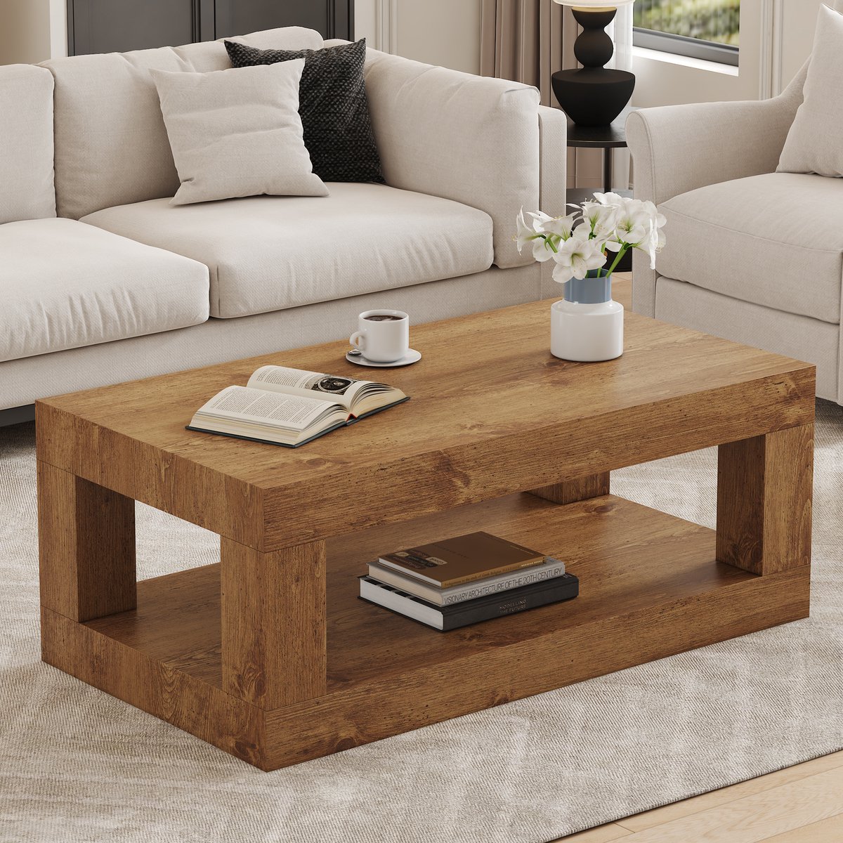 HAUSS SPOLE Salontafel - Rechthoekig 2-Laags Ontwerp Met Open Opbergvak - Voor Woonkamer En Zitruimte - MDF Houtlook - 93x53x45,5 Cm