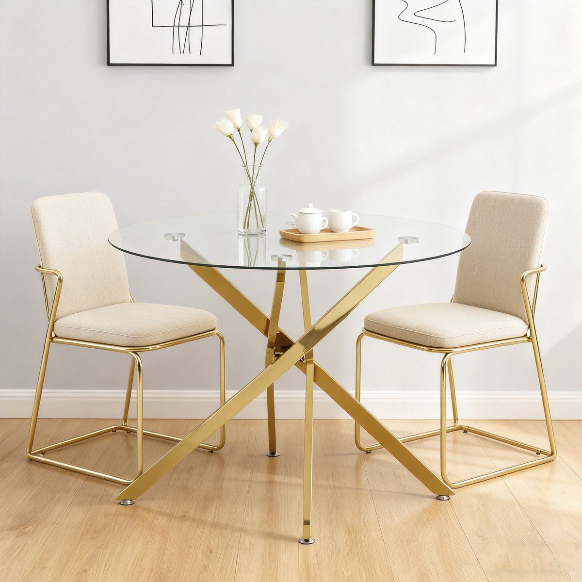 Ronde Eettafel Van Gehard Glas Met Goudkleurige Metalen Kruisvoet Modern Minimalistisch 80 X 80 X 76 Cm