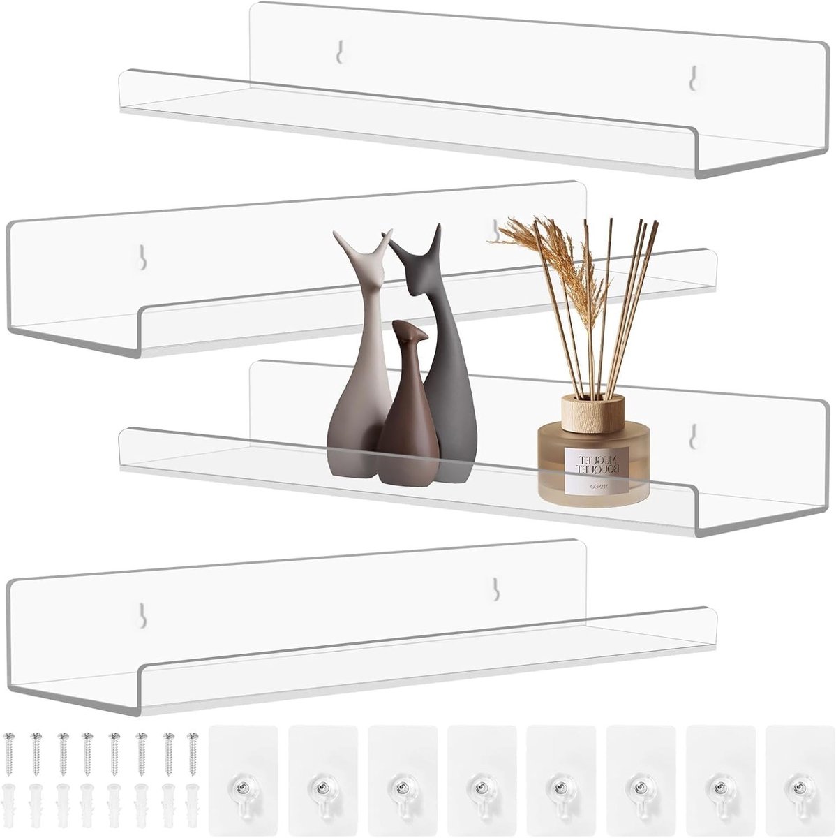Set van 4 Transparante Acryl Wandplanken van 30 cm, Zonder Boren, Ideaal voor Foto's, Kinderbibliotheek en Tijdschriften