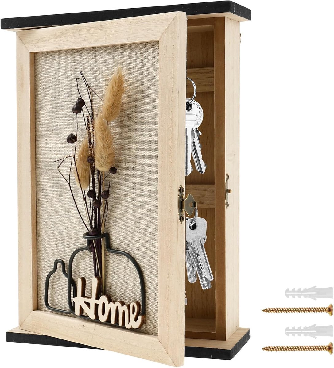 SnelShoppen - Key Cabinet Houten Sleutelkastje met 6 Sleutelhaken, Decoratief Sleutelkastje met Gedroogde Bloemen, Sleutelhouder Wandhouder voor Entre
