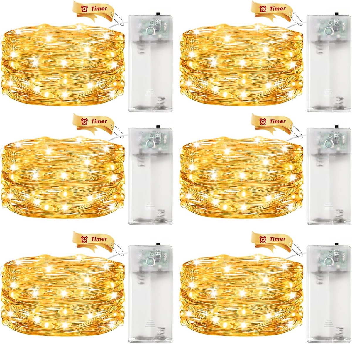 SnelShoppen - Pack van 6 LED Sfeerverlichting met Timer - 3m Micro Copper Wire - 30 Warm Witte LED Lampjes - Batterij Aangedreven voor Feest, Kerst, H