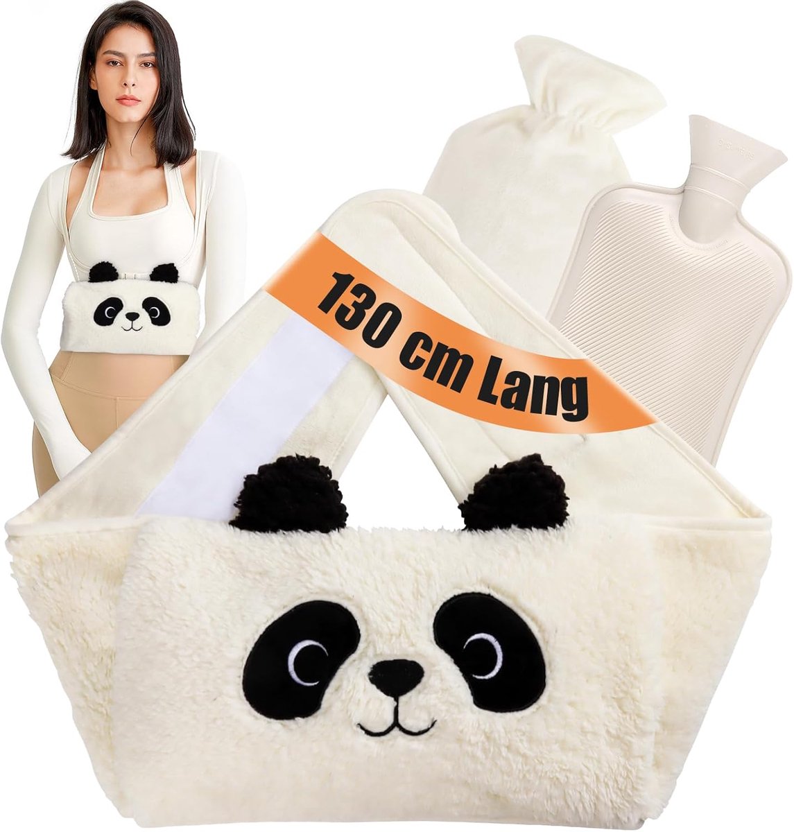 SnelShoppen - Panda Warmwaterkruikriem Extra Lang 130 cm met Zachte Taillehoes, Overtrek voor Warmwaterkruik van Rubber voor Nek, Schouders, Benen en