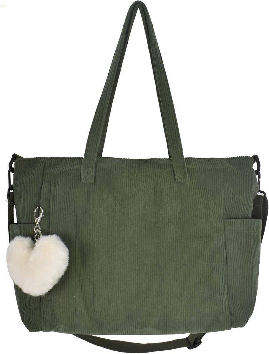 Stijlvolle Ribbelvelours Schoudertas, Herbruikbare Zipper Tas voor School en Winkelen, Beige