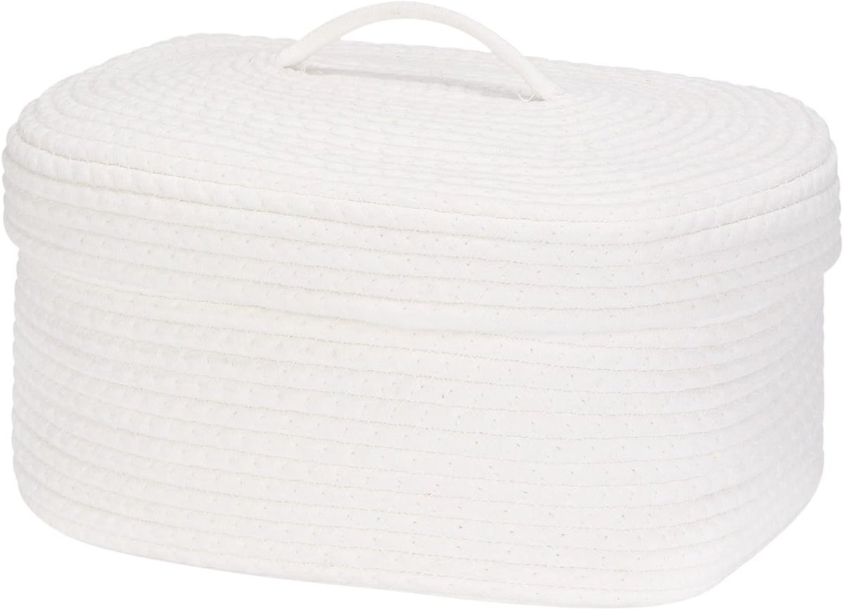 Ovalen Katoenen Opbergmand met Deksel, Geweven Opbergdoos voor Babyspullen, Luiertassen en Kinderkamerorganisatie, 35 x 28 x 18 x 16 cm (medium, Wit)