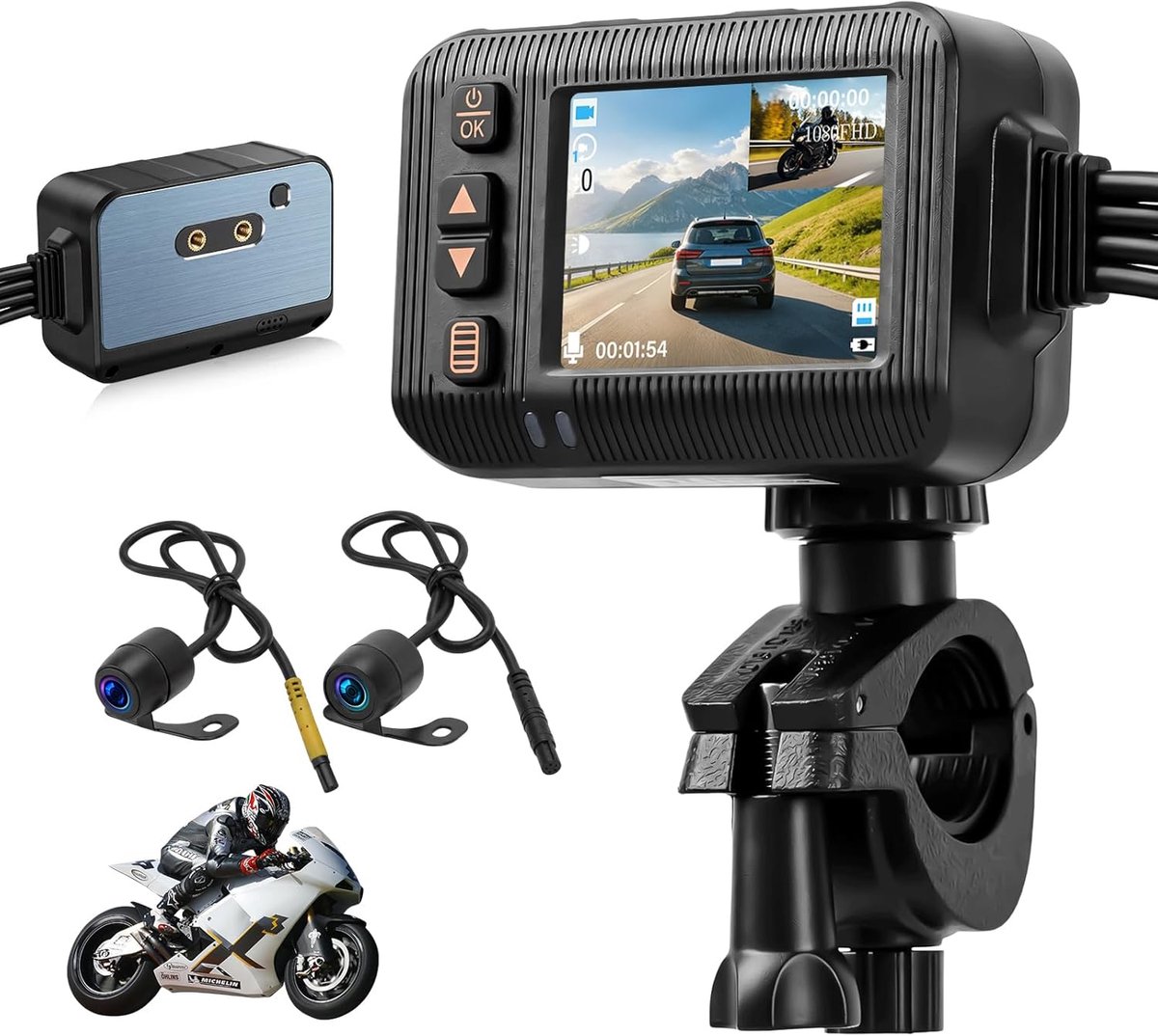 SnelShoppen - Motorcycle Dashcam 2 Inch Screen met Dual Lens Camera 1080P Voor- en Achter, IP65 Waterproof, G-Sensor, Loop Recording, Perfect voor Mot