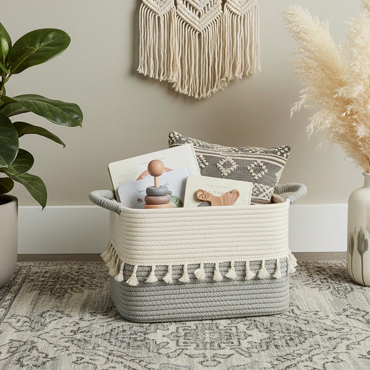 Gevlochten opbergmand met hengsels voor wasgoed, dekens en speelgoed, decoratief voor woonkamer, slaapkamer en kinderkamer, wit en grijs