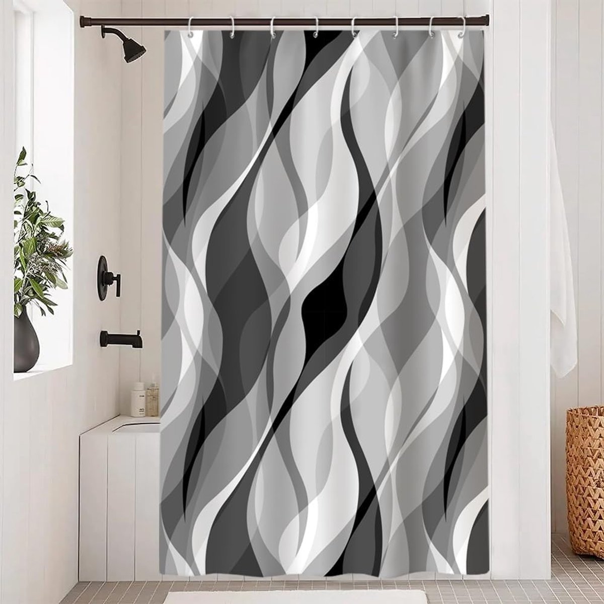 SnelShoppen - Grijze Douchegordijn 120 x 200 cm, Waterdicht & Anti-Schimmel, Polyester met Streepjes Patroon, Inclusief 8 Haakjes voor Badkamer