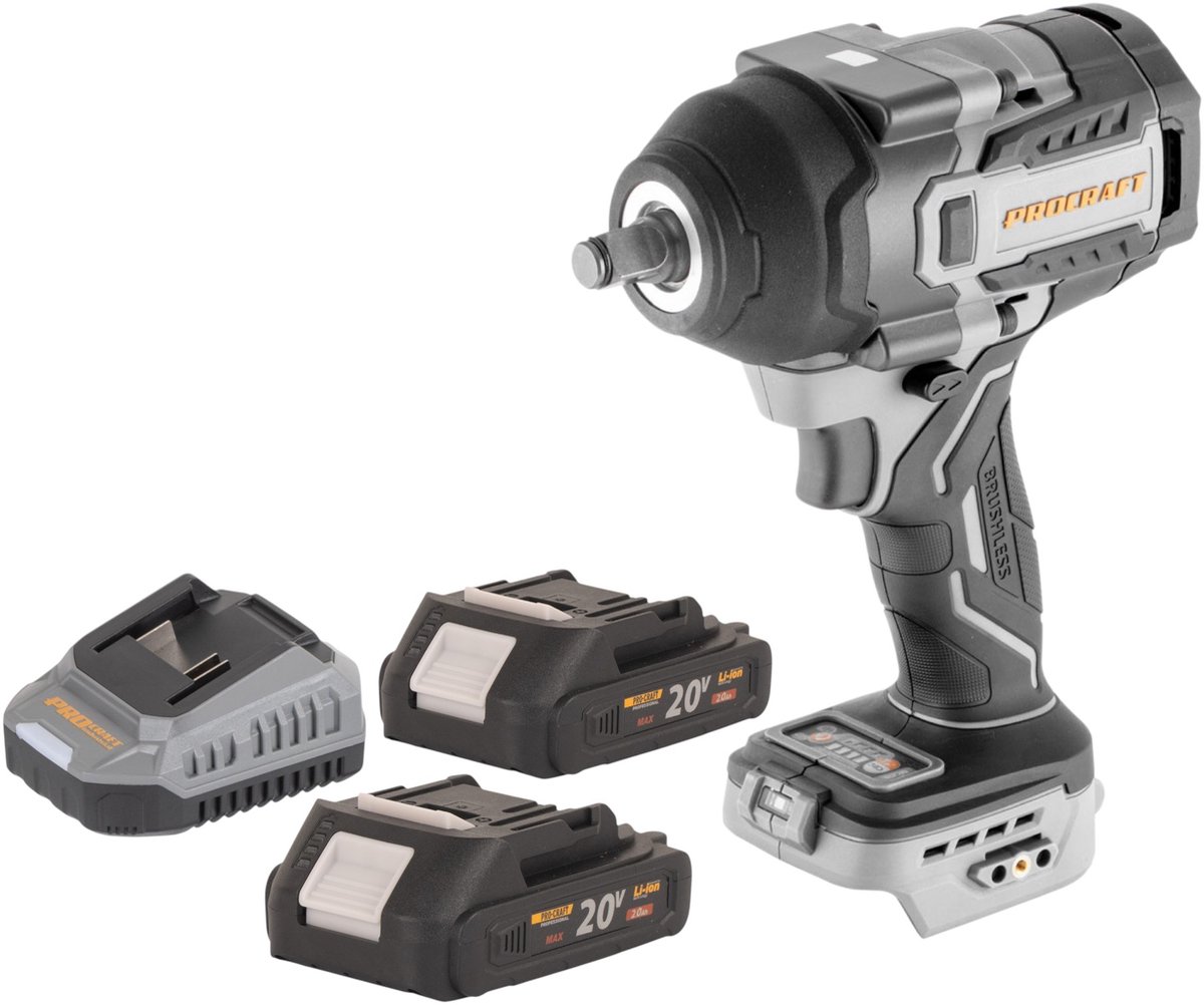 ProCraft Industrial IW850A-BB accu-slagmoersleutel 20 V 850 Nm 1/2" borstelloos + 2x accu 2,0 Ah + oplader