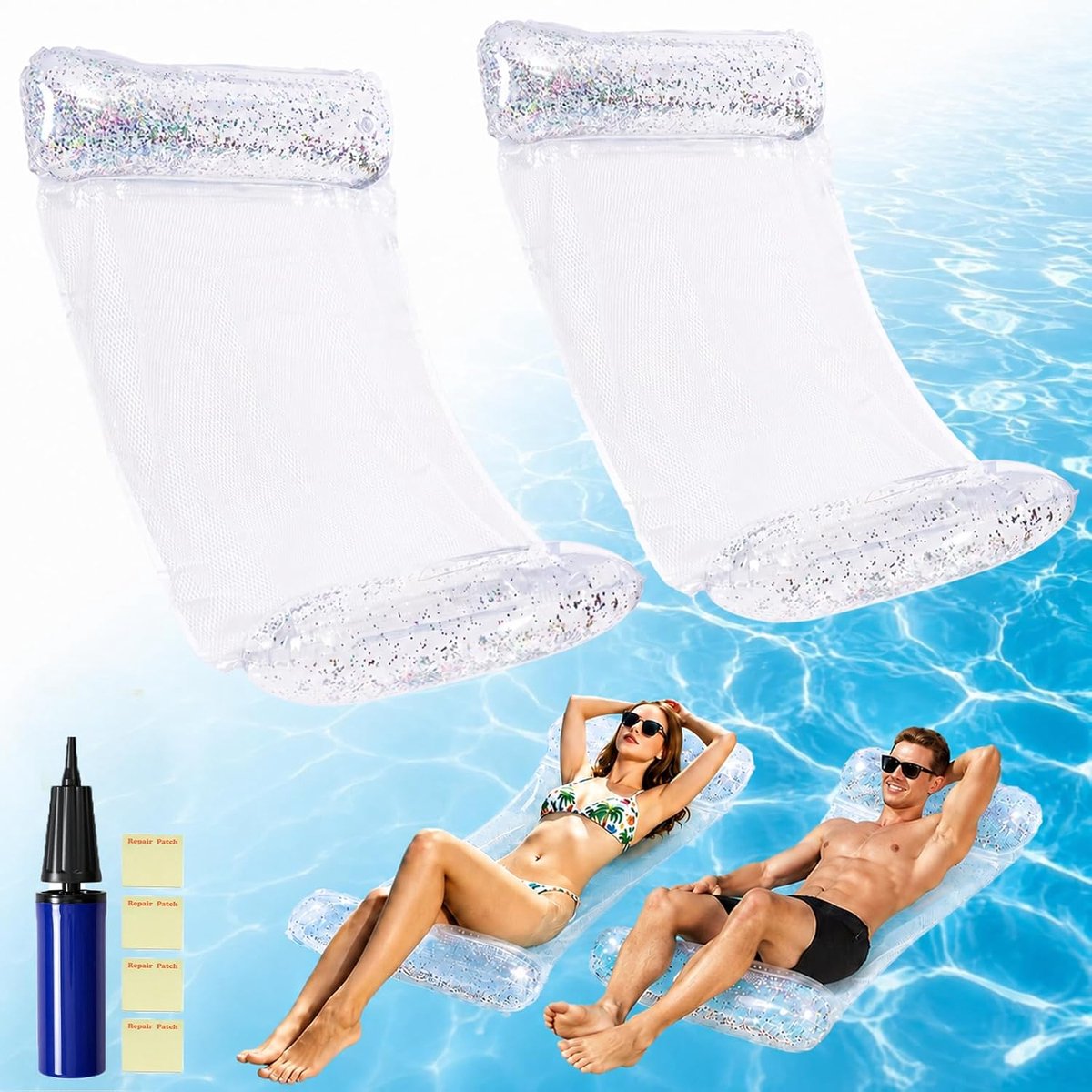 SnelShoppen - Set van 2 Opblaasbare Zwembadmatten 4-in-1 voor Volwassenen, Hangmat, Ligstoel, Stoel, Zadel, 110 x 68 cm, Inclusief Pomp en Patches, Gl