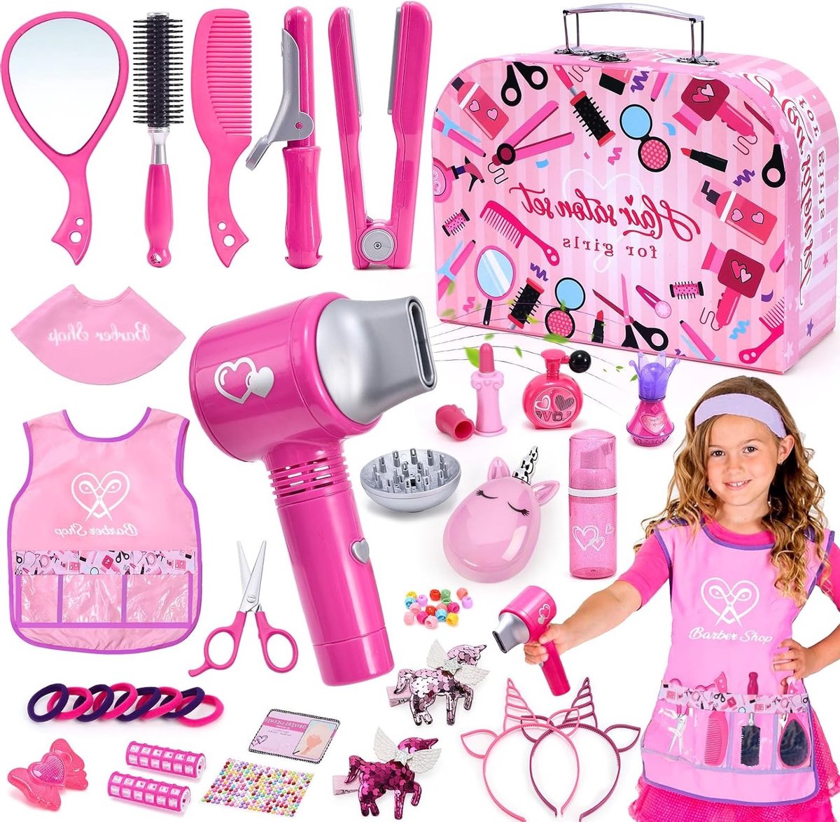 Complete Haarstyling Set voor Kinderen met Föhn, Krultang, Kam, Spiegel en Accessoires - Perfect Speelgoed voor Meisjes van 3 tot 8 Jaar
