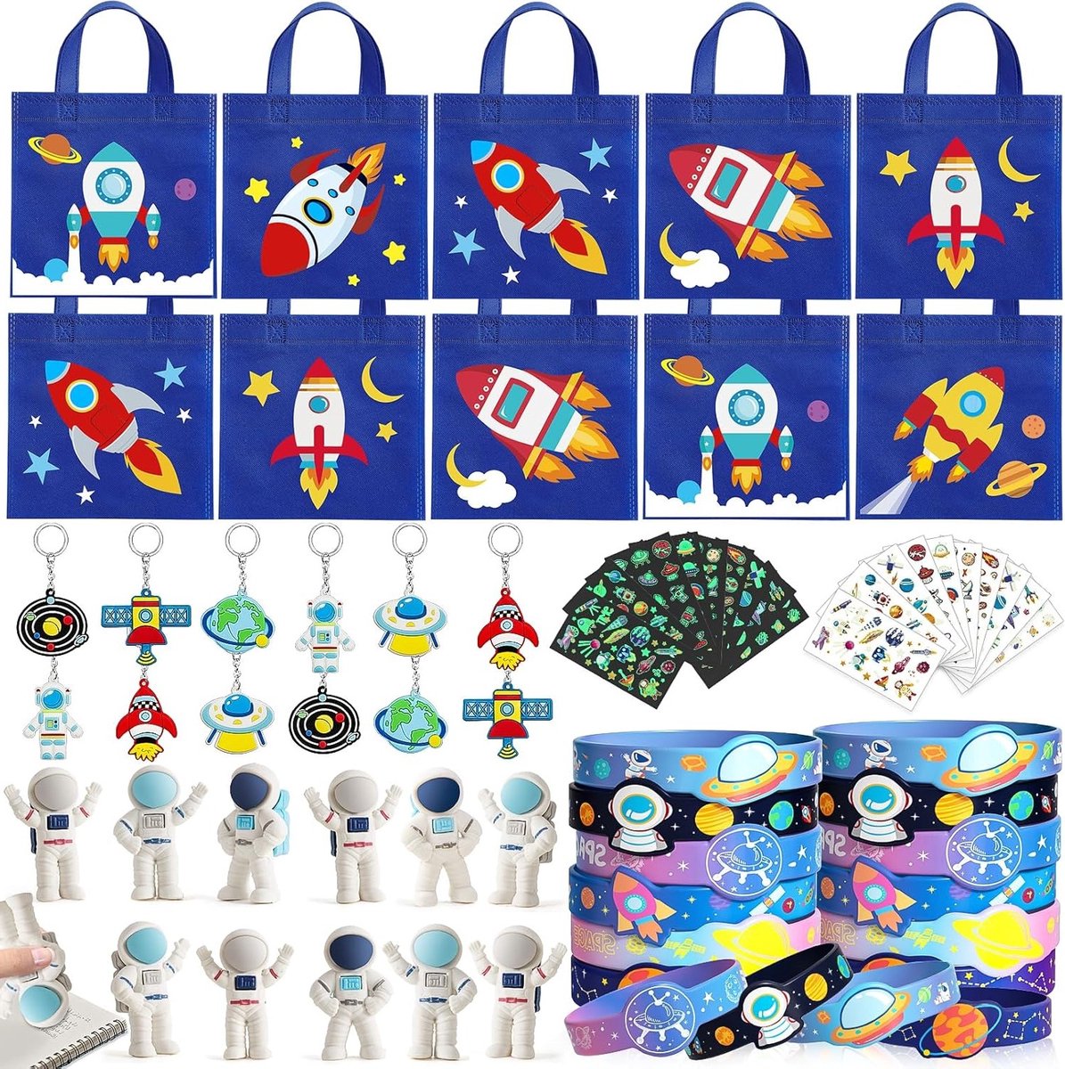 Ruimtefeest Goodiebags voor Kinderen met Ruimte Speelgoed, Astronaut Figuren, Gummen, Siliconen Armbanden en Sleutelhangers, Perfect voor Feestjes en Piñata Vulmateriaal