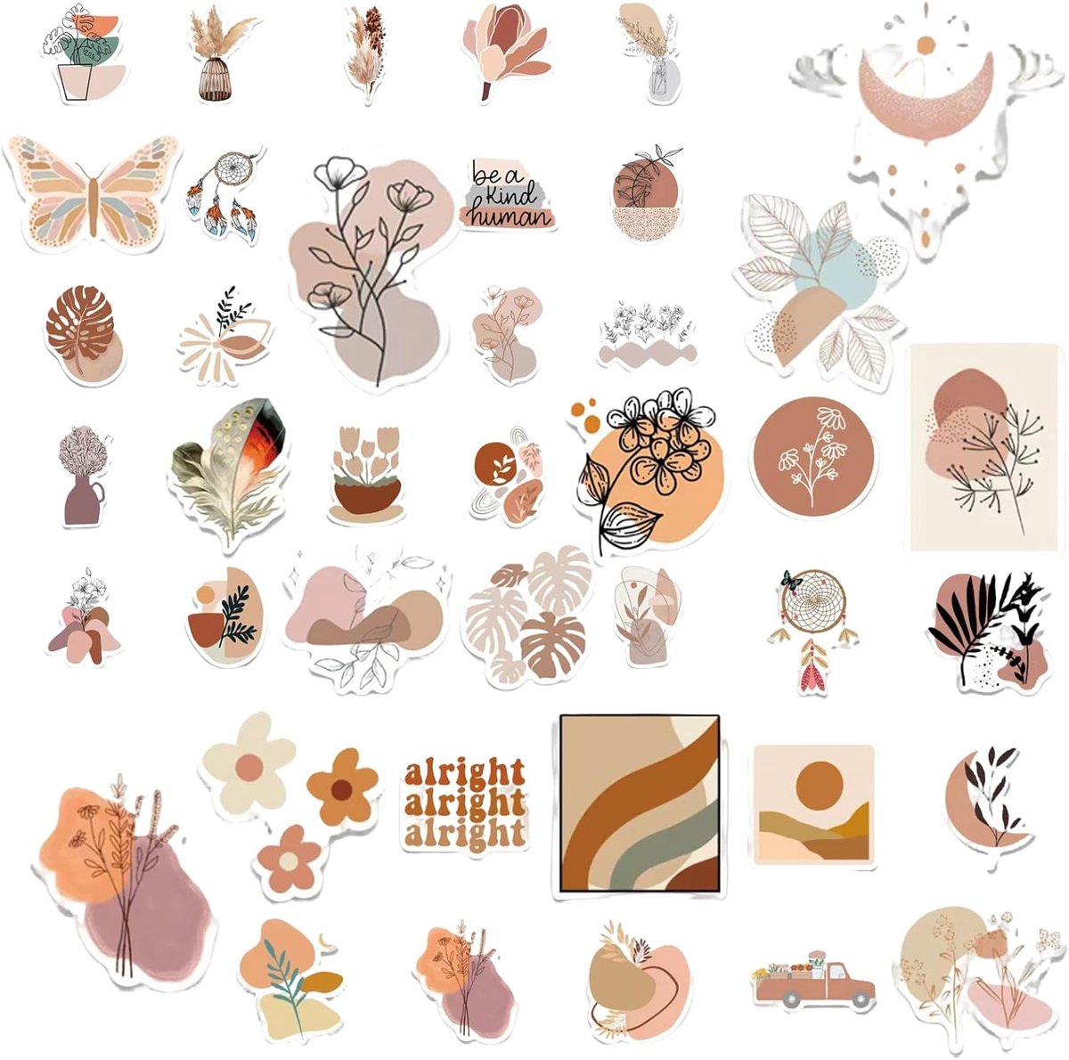 SnelShoppen - 50 Boho Stickers Set, Vintage Aesthetic Stickers voor Scrapbooking, Laptop, Koffer, Skateboard en Waterfles, Retro Decoratie Accessoires