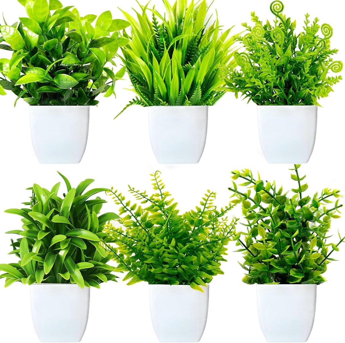 SnelShoppen - 6 Stuks Mini Kunstplanten met Pot - Kunstplanten voor Binnen - Plastic Mini Planten in Wit Potje - Duurzaam en Realistisch - Decoratie v