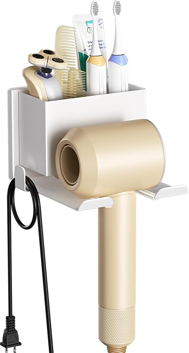 SnelShoppen - Wandhouder Föhn met Opbergmand, Haarstyling Organizer voor Badkamer en Slaapkamer, Metalen Haardroger Houder Wit