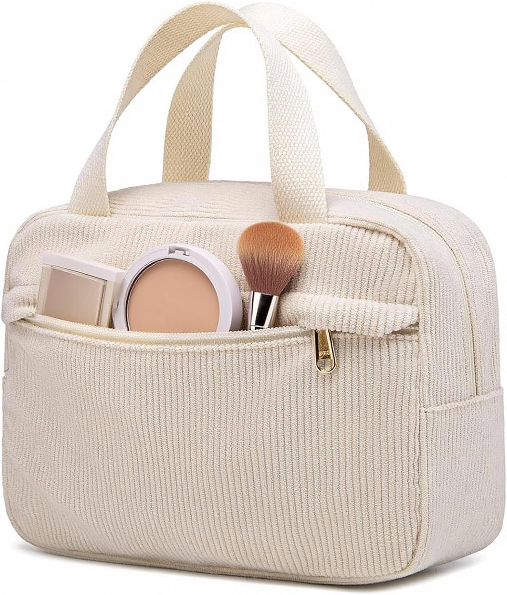 SnelShoppen - Grote Kulturtasche voor Vrouwen - Make-up Tas met Meerdere Vakken - Reis Make-up Tas voor Vrouwen en Meisjes - Zachte Cordstof - Beige